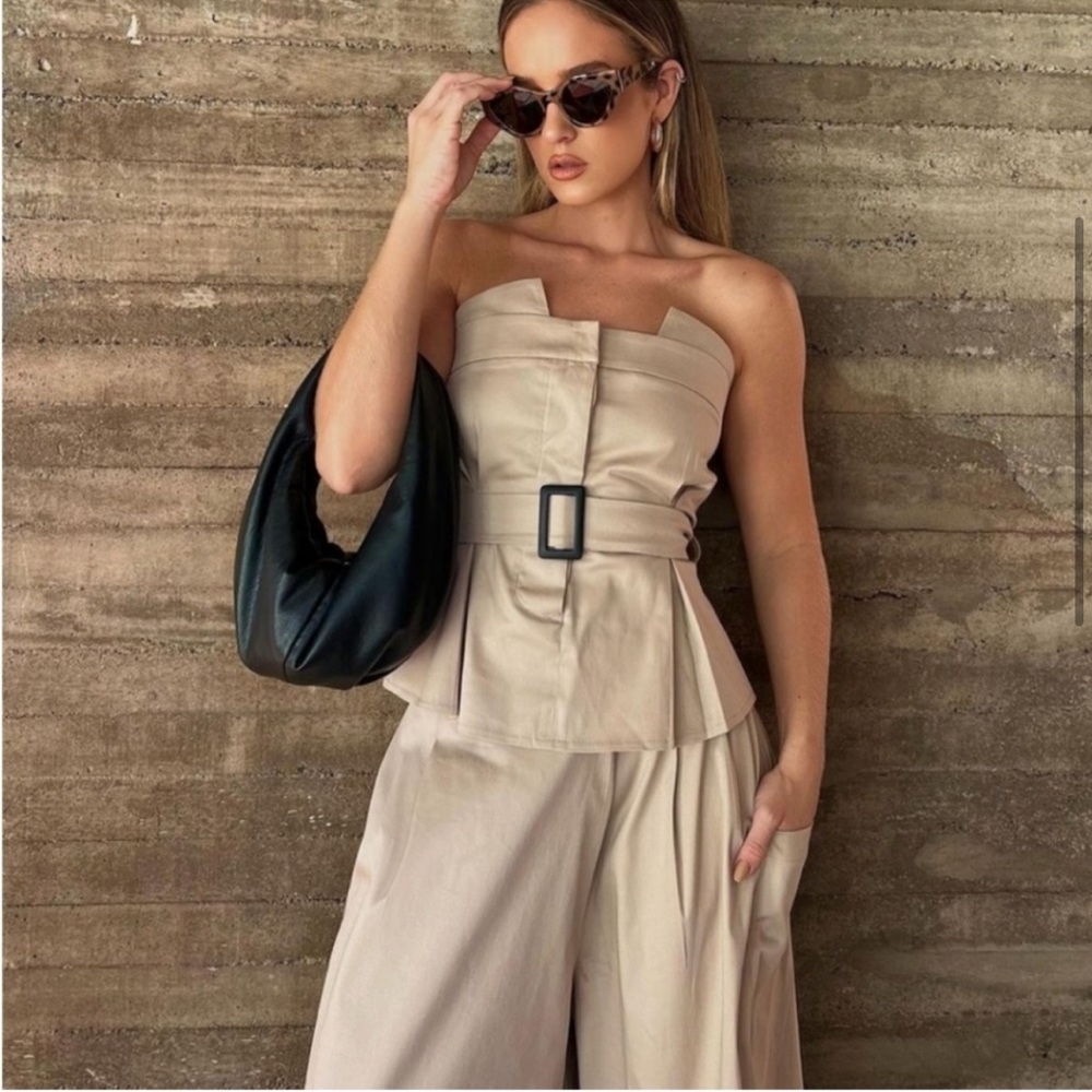 Zara belted gabardine peplum top khaki tan size Medium
